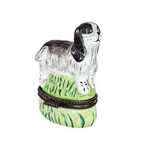 Vintage Springer Spaniel Porcelain Hinged Trinket Box Black White Dog Miniature